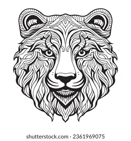 Bear or lion head coloring book illustration. Antistress coloring for adults. black and white lines. Print for t-shirts and coloring books.