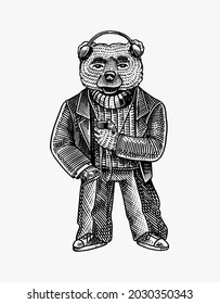 The bear listens to music with headphones. Fashion character. Victorian gentleman. Vintage retro look. Hand drawn sketch. Vector engraved illustration for logo and tattoo or T-shirts.