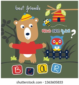 bear and little friends funny animal cartoon,vector illustration