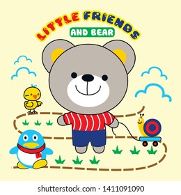 bear and little friends play in the park, cartoon vector illustration