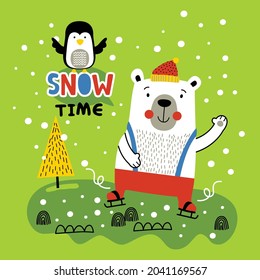 bear and little penguin in the snow funny animal cartoon