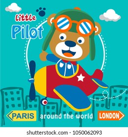 bear the little pilot funny animal cartoon,vector illustration