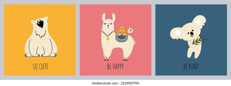 Oso, llama, tortuga y koala. Sencillas ilustraciones hechas a mano con lindos animales e inscripciones motivadoras. Una postal, un cartel, una decoración de guardería, una camiseta para niños con papel impreso.