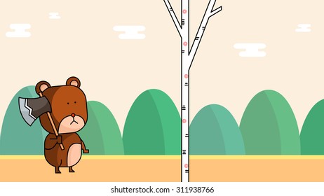 A bear logger holding a felling axe wondering how to cut a tree. Cute humorous  lumberjack cartoon animal character illustration. Outdoor mountain, forest, timber wood, cloud, nature  landscape scene.