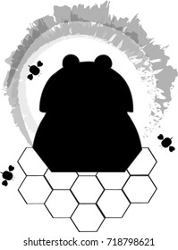 Bear logo. Black silhouette of bear on honeycomb and bees background . Vector illustration, logo or icon isolated on white background.