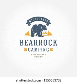 Bear logo emblem vector illustration. Outdoor adventure expedition, bear head and forest silhouettes shirt, print stamp. Vintage typography badge design.