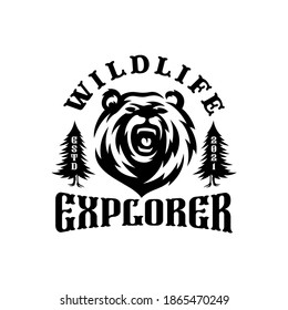 Bear logo emblem vector illustration. Outdoor adventure expedition, bear head and forest silhouettes shirt, print stamp. Vintage typography badge design.