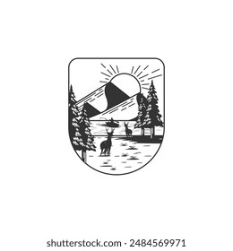 Bear logo emblem vector illustration silhouette for shirt or print stamp. Summer camp. Vector. Concept for shirt or patch, print, stamp. Vintage typography design with rv trailer, camping tent, campfi