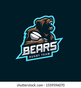 Bear Logo Mascot Emblem design. Wild bear with rugby ball. Talisman college sports teams, e-sport, rugby team, print 
Jersey. The design of the character of a wild grizzly. Vector illustration