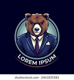 Bear logo mascot, grizzly bear wearing a suit mascot character logo illustration, bear icon vector
