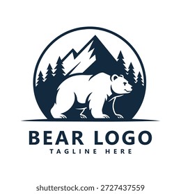 Bear logo with mountains and trees in circle polar bear icon