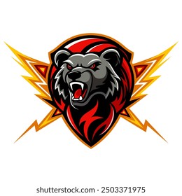 A bear logo on a shield with a lightning bolt around it, a basketball team logo, a football team, or a sports team mascot. graphic vector flat design.