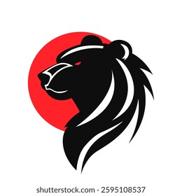 Bear logo. Serious bear logo with red moon background. Majestic bear for company logo, sports team, cyber team, mascot or design.