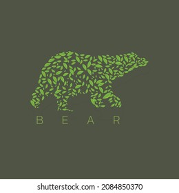 Bear logo vector illustration with green leaves pattern. wild animal logo template. organic design concept.