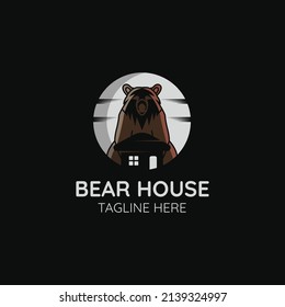 Bear logo vector template combined with house and moon, Perfect to use for pets, construction, real estate or anything related to bear animals and buildings.