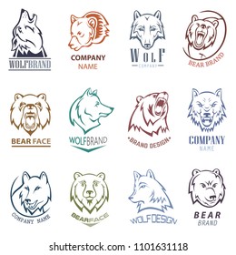 Bear logo vector wild animal wolf or grizzly character logotype and wolfish mascot sign illustration wildlife animalistic set of wolfdog mascot head emblem isolated on white background