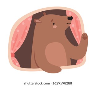 Bear Looked Out From Tree Hollow and Waving Paw Vector Illustration