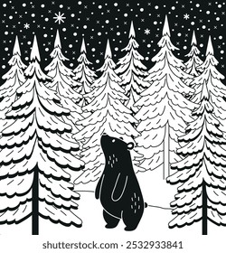 Bear looking at a star in the woods vector line drawing illustration