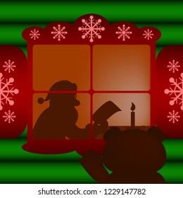 Bear looks through the window as Santa Claus reads a letter by candlelight