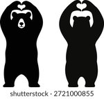Bear love silhouettes set holding heart, cute Valentine animal vector EPS