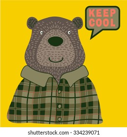 Bear with lumberjack shirt. Trendy children graphic. Vector illustration. T-Shirt Design for children. Design elements for kids.