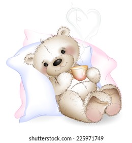  A bear lying in bed on pillows. In the hands holding a mug of milk. The white background.