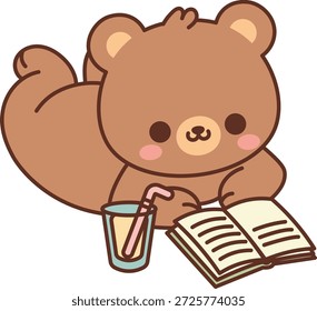 Urso deitado na barriga, lendo um livro aberto com um copo e palha, linhas arredondadas e sombreamento suave. Símbolo de estudo, aprendizagem, conhecimento, educação, foco e lazer calmo. Ilustração de vetor de desenhos animados.