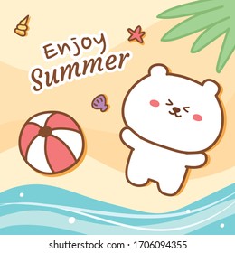 Bear lying on sea beach hand drawn banner.Enjoy summer writing background.Cute cartoon animal character design.Doodle style.Holiday concept.Vector.Illustration.