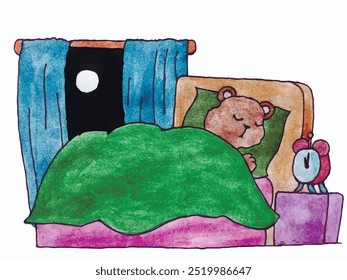 The bear is lying under the blanket and sleeping