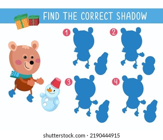 Сute bear made a snowman. Find the correct shadow. Game for children. Activity, color vector illustration. Character in cartoon style.