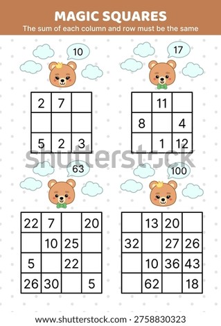 Bear. Magic squares. Math puzzle game. The sum of each column and row must be the same. Fill in the missing numbers. Educational attention game for kids. Isolated vector illustration eps 10