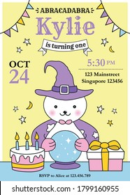 Bear Magician birthday invitation with cute bear in magician hat, birthday cake and gift box.