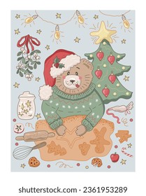 Bear is making christmas cookies. Christmas vector illustration.