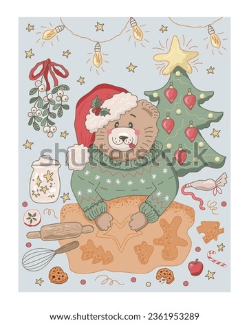 Bear is making christmas cookies. Christmas vector illustration.