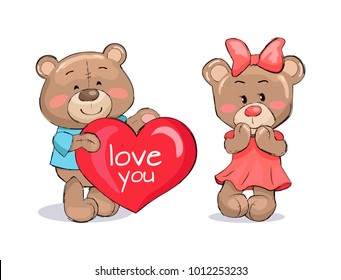 Bear male holding red heart, text I love you, fluffy stuff teddy-bear presents balloon to girlfriend isolated on white cartoon vector ilustration