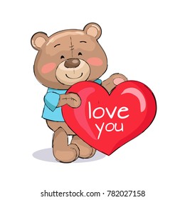 Bear male holding red heart, text I love you, dressed in blue t-shirt, fluffy stuff teddy-bear isolated on white vector illustration in cartoon design