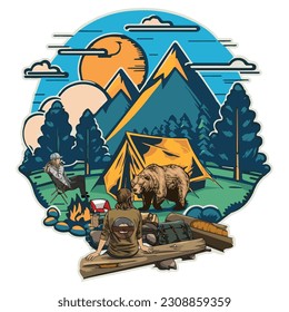 Bear and man with a camping vector art