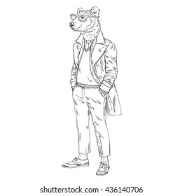 bear man dressed up in coat, furry art illustration, fashion animals