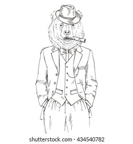 bear man dressed up in retro victorian tweed suit, furry art illustration, fashion animals