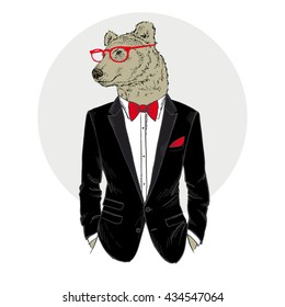 bear man dressed up in tuxedo, furry art illustration, fashion animals