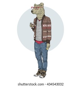 bear man hipster with coffee, furry art illustration, fashion animals