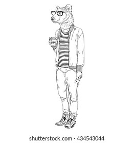 bear man hipster with coffee, furry art illustration, fashion animals
