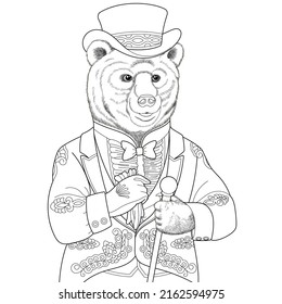 Bear man portrait. Fantasy animal coloring book page for adults