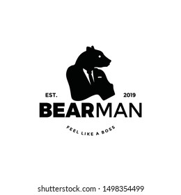 Bear man worker logo silhouette with head of animal and human body. unique cool design. wear suit coat, tie like a boss. Cool Stand out.