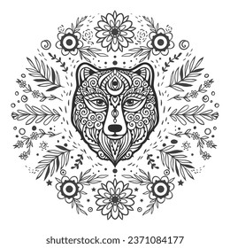 Bear mandala. Animal Vector illustration. Adult or kids coloring book page in Zen boho style. Antistress Peaceful drawing. Black and white