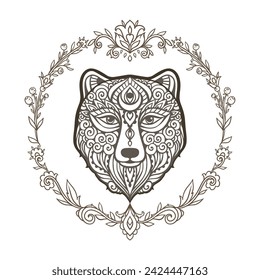 Bear mandala. Animal Vector illustration. Adult or kids coloring book page in Zen boho style. Antistress Peaceful drawing. Black and white