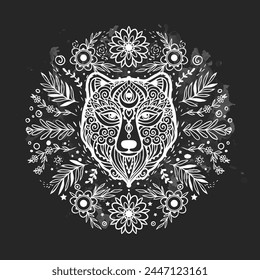 Bear mandala. Animal Vector illustration.Print in Zen boho style. Antistress Peaceful drawing. Black and white