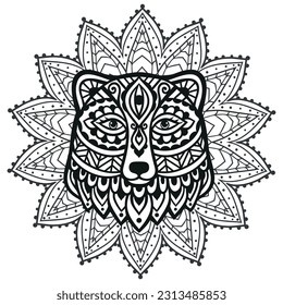 Bärentornament. Vektorgrafik. Blume Ethnische Zeichnung. Bärenart im Zen-Boho-Stil. Farbseite schwarz-weiß