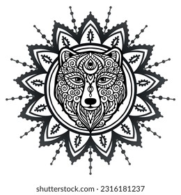 Bear mandala ornament. Vector illustration. Flower Ethnic drawing. Bear animal nature in Zen boho style. Coloring page black and white