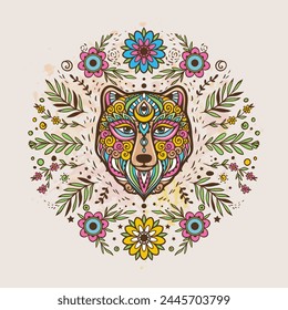 Bear mandala retro. Vector illustration. Flower Ethnic drawing. Bear animal nature in Zen boho style. Coloring page, hippie style